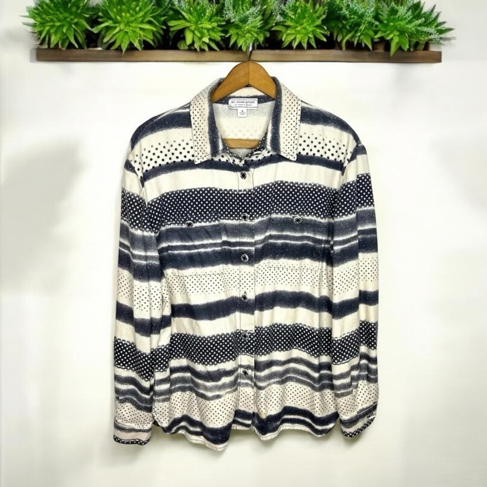 St. John Sport Marie Gray Mixed Print Striped Button Up Collard Blouse